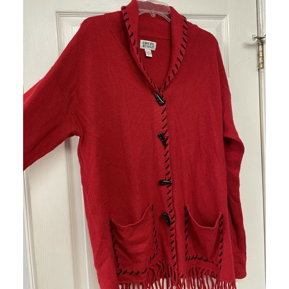 Chico's Womens Red Lambs Wool Cardigan Fringe Size 2 - Picture 2 of 4